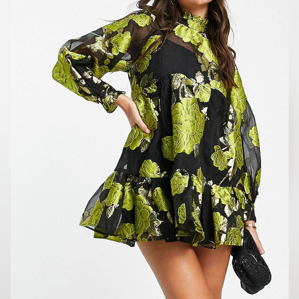 Tie neck mini dress with floral mettalic jacquard